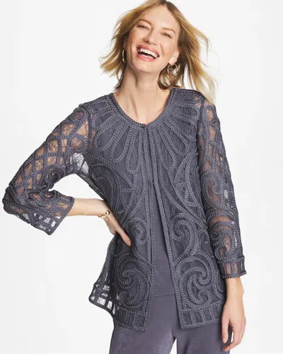 Chico's Short Embroidered Lace Jacket In Gray In Blue