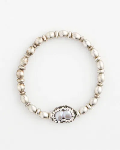 Chico's Silvertone Freshwater Pearl Stretch Bracelet In Metallic