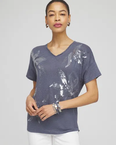 Chico's Slate Linen Sequin Tee In Soft Slate Size Xs |  In Pink Anima