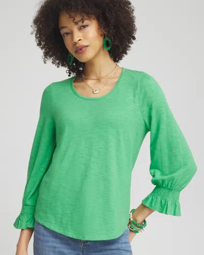 Chico's Smocked 3/4 Sleeve T-shirt In Grassy Green Size Xxl |