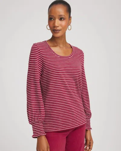 Chico's Smocked-sleeve Cotton-slub Tee In Russet Red