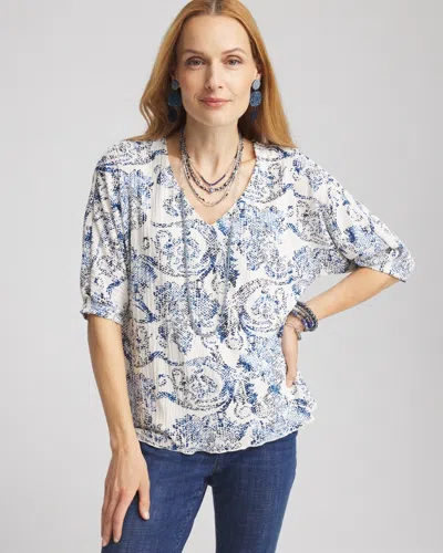 Chico's Snakeskin Print Crinkle Elbow Sleeve Tee In English Cream Size 12/14 |