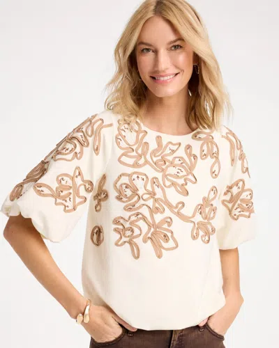 Chico's Soutache Soft-stretch Bubble Hem Top In White In Ecru