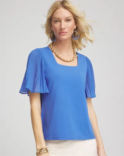 Chico's Square-neck Pleated Flutter-sleeve Tee In Blue Size 20/22 |  In Blue Pearl