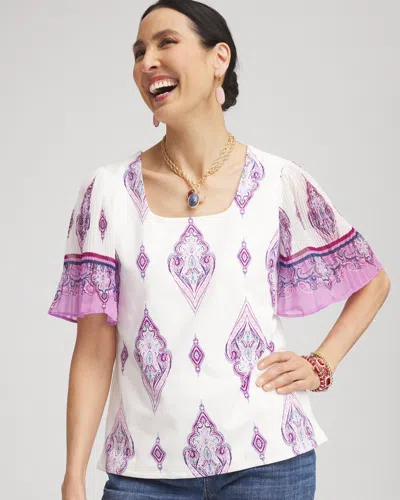 Chico's Square-neck Pleated Flutter-sleeve Tee In White Size 12/14 |  In Ecru