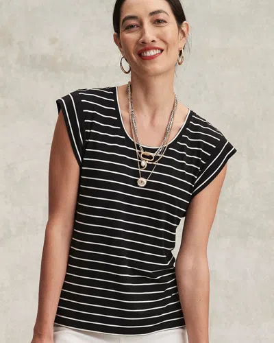 Chico's Stripe Cap Sleeve Tee In Black Size Large |