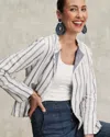 Chico's Stripe Linen Frayed Jacket In White Size Medium |  In White