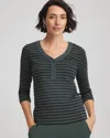 Chico's Stripe Ribbed Henley Tee In Darkest Spruce In Green