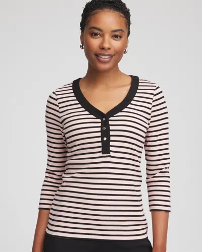 Chico's Stripe Ribbed Henley Tee In Pink