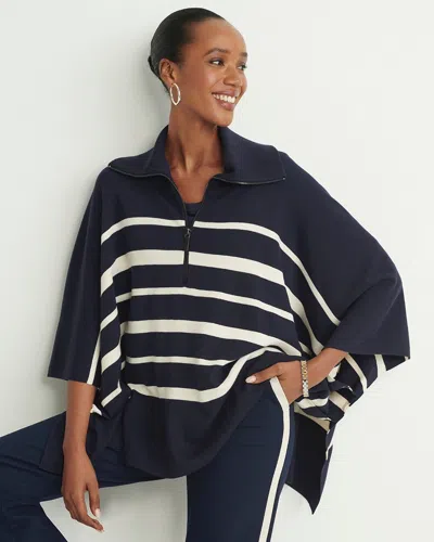 Chico's Stripe Zip Collar Sweater Poncho In Navy Blue Size Small/medium |