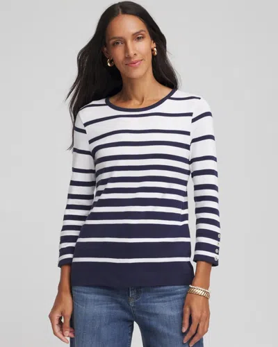 Chico's Striped 3/4 Sleeve Perfect Tee In Blue In Multi