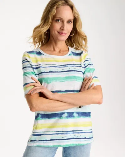 Chico's Striped Cotton Elbow-sleeve Tee In Sage Lime