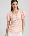 Chico's Striped Linen Smocked Flutter-sleeved Tee In Melon Mambo Size 20/22 |  In Melon Mambo