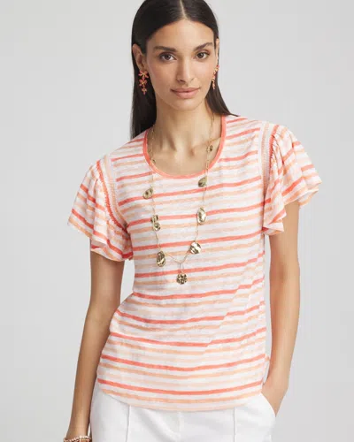 Chico's Striped Linen Smocked Flutter-sleeved Tee In Melon Mambo Size 20/22 |
