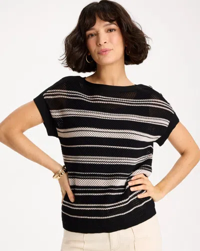 Chico's Striped Mesh Stitch Pullover Sweater In Black