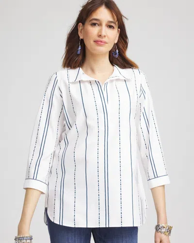 Chico's No Iron™ Striped Buttonback Stretch Tunic Top In Seaport Size Xxl |