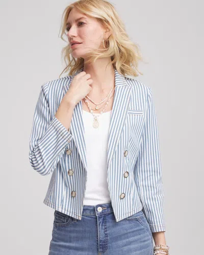 Chico's Striped Open Front Denim Jacket In Blue