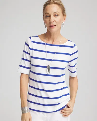 Chico's Striped Pima Cotton Bateau-neck Tee In Blue