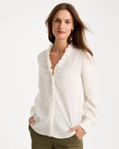 Chico's Striped Pleat Neck Blouse In White In Ecru