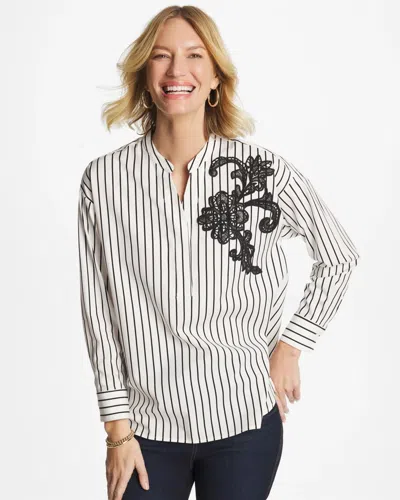 Chico's Striped Poplin Applique Tunic In Black In Multi