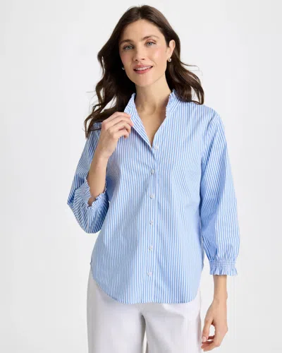 Chico's Striped Poplin Ruffle Neck Shirt In Tidal Blue