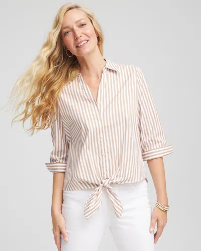 Chico's Striped Poplin Tie-front Top In Creme Coffee In Multi