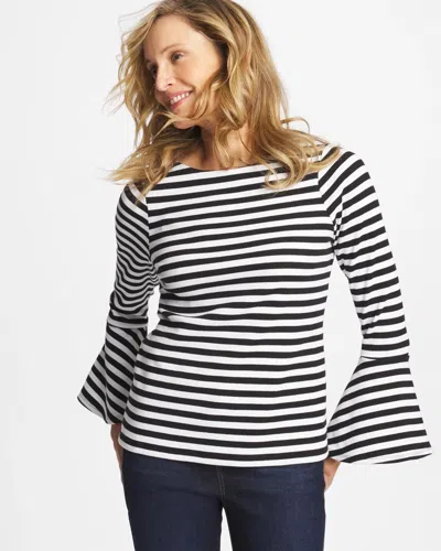 Chico's Striped Rib Knit Bell Sleeve Top In Black