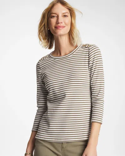 Chico's Striped Ribbed Button Crewneck Tee In Lichen In Brown