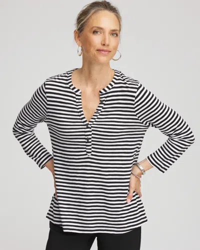 Chico's Striped Splitneck Henley Tee In Black