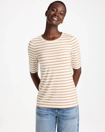 Chico's Striped Touch Of Cool Elbow-sleeve Layering Tee In Toffee Tan