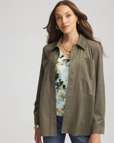 Chico's Suede Collared Long-sleeved Shacket In Nettle Leaf