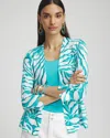 CHICO'S SUMMER ROMANCE PALMS SHORT CARDIGAN SWEATER IN OCEANO SIZE 8/10 | CHICO'S