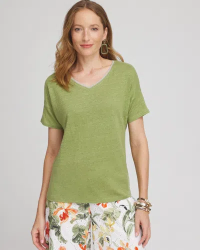 Chico's Linen Sweater Trim Tee In Spanish Moss Size 8/10 |