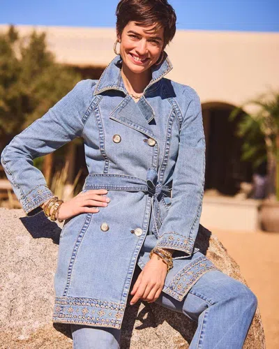 Chico's Tailored Whipstitch Denim Trench Coat In Dark Wash Denim Size Xl |