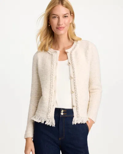 Chico's Textured Tweed Feather Hem Lady Jacket In Soft Ivory
