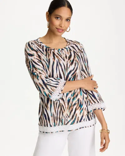 Chico's Tiger Linen Crochet Lace Tee In Lagoon Blue