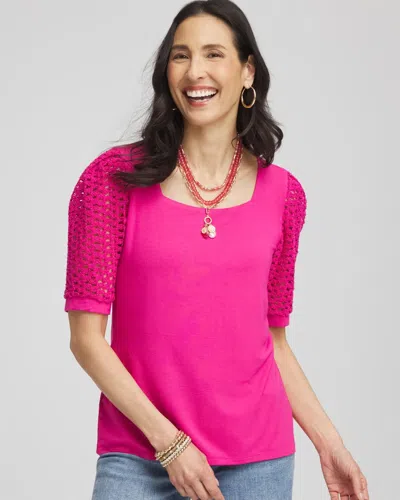 Chico's Touch Of Cool Crochet Lace Square-neck Tee In Pink