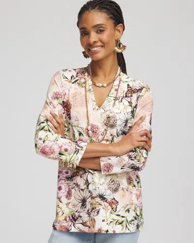 Chico's Touch Of Cool™ Floral 3/4 Sleeve Tee In White Size 16/18 |  In Alabaster