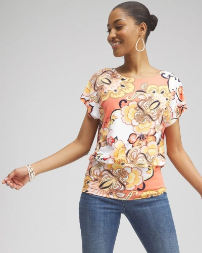 Chico's Touch Of Cool Floral Banded Hem Tee In Mango Sorbet Size Medium |