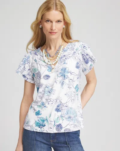 Chico's Touch Of Cool™ Floral Flutter Sleeve Tee In White Size 20/22 |  In Alabaster