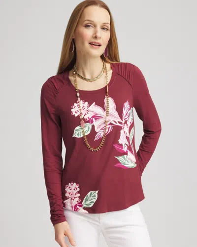 Chico's Touch Of Cool™ Gathered Sleeve Floral Print Tee In Blackcurrant In Red Size 20/22 |