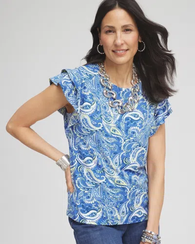 Chico's Touch Of Cool™ Paisley Tiered Flutter Sleeved Tee In Blue Size 20/22 |  In Blue Pearl