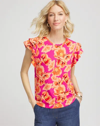 Chico's Touch Of Cool Tropical Flutter Sleeve Tee In Pink