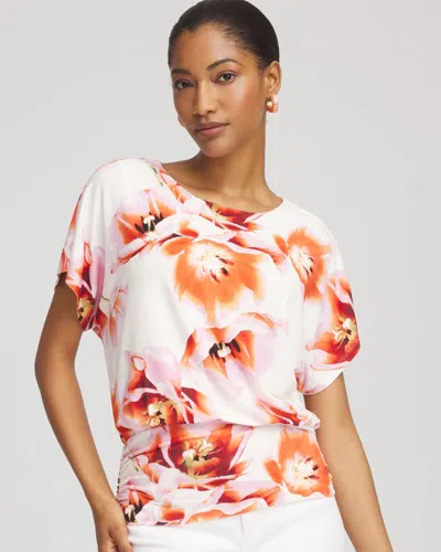 Chico's Touch Of Cool Tropical Ruched Banded Hem Top In Orange