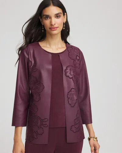 Chico's Travelers Faux Leather Embroidered Jacket In Blackened Burgundy In Brown