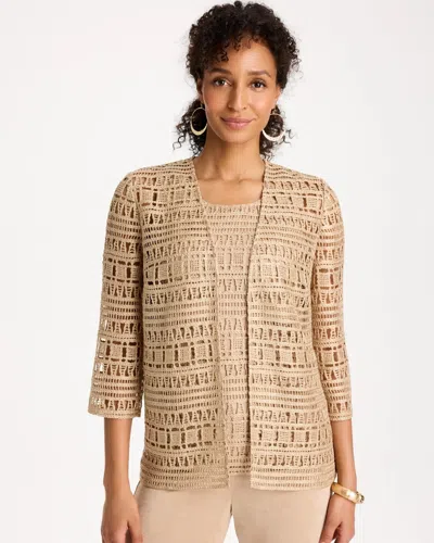 Chico's Travelers™ Metallic Crochet Cardigan Sweater In Gold In Brown