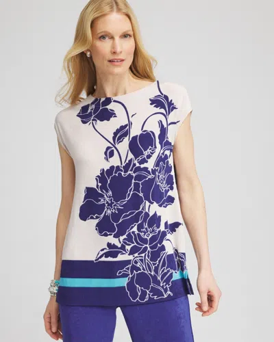 Chico's Travelers™ Wildflower Cap-sleeved Tunic Top In Blue Size 8/10 |  Wrinkle-free Travel Clothing In Blue Casa