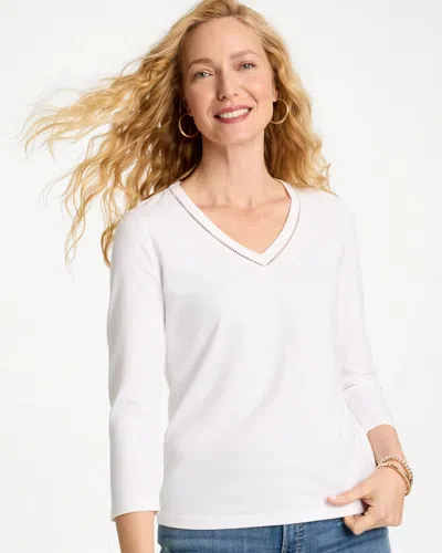 Chico's Trim Detail Cotton Stretch 3/4 Sleeve Tee In White