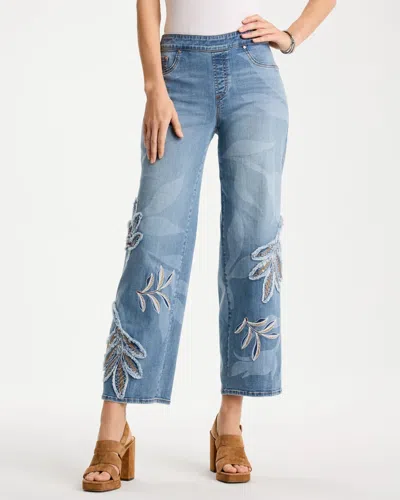 Chico's Tropical Embroidery Pull-on Wide Crop Jean In Denim In Blue