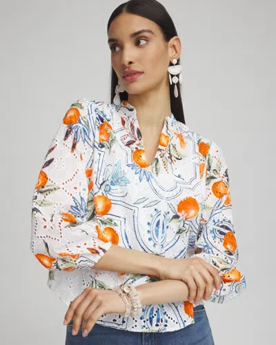 Chico's Tropical Eyelet Sleeve Shirt In Orange Size 16/18 |  In Paradise Lily